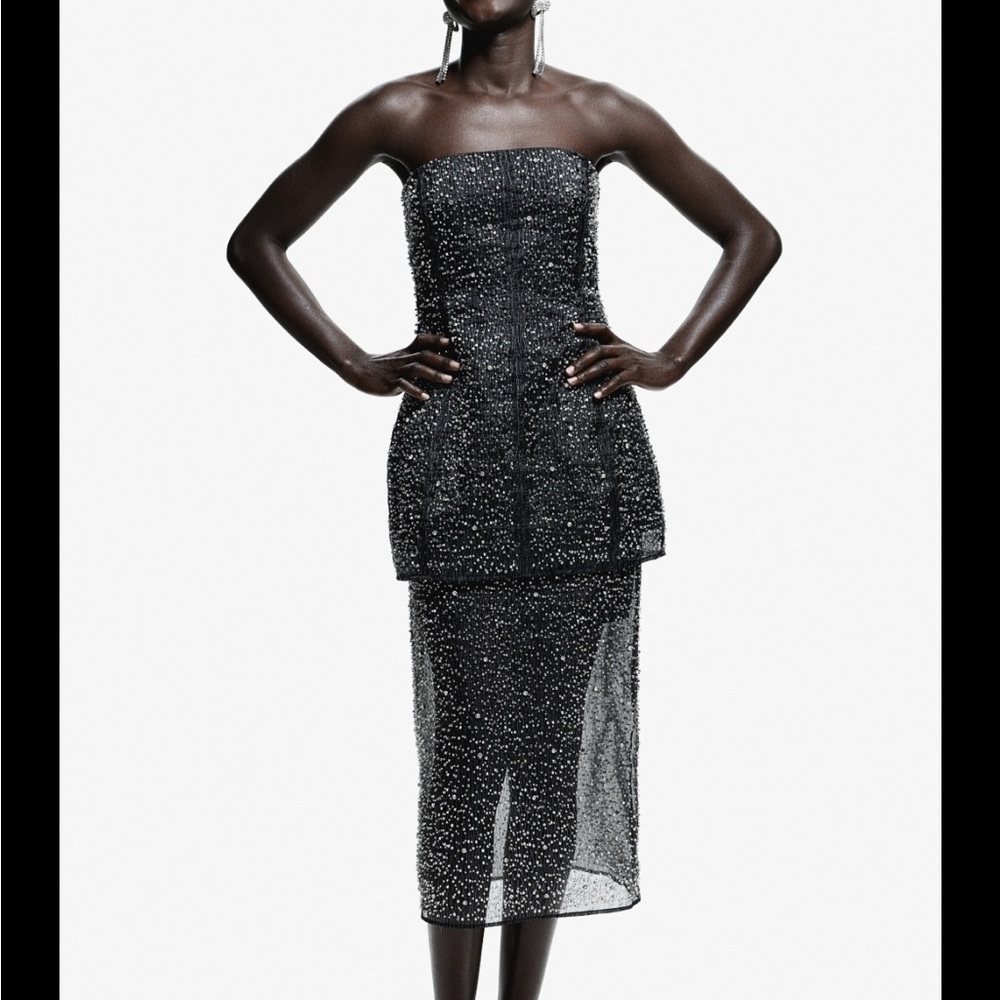 H&M Black Sequin Strapless Midi Dress